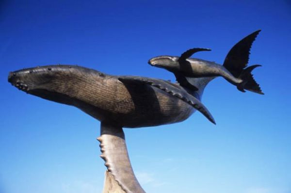 Escultura monumental de ballena y su cría en Puerto Vallarta, Jal.